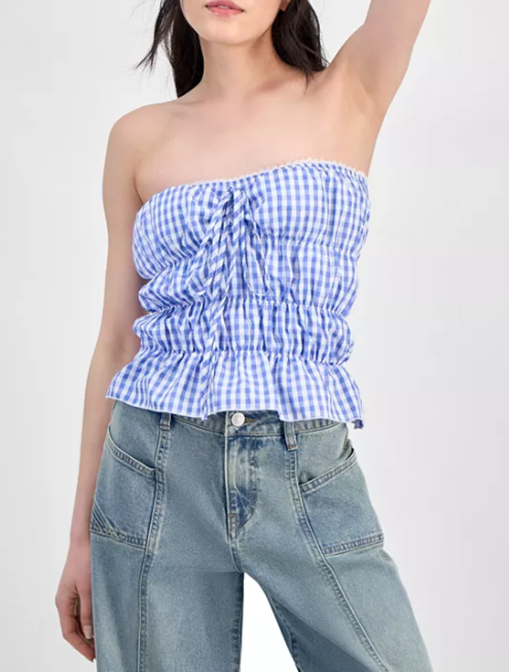 Rebellious One Juniors' Gingham Shirred Strapless Top XL